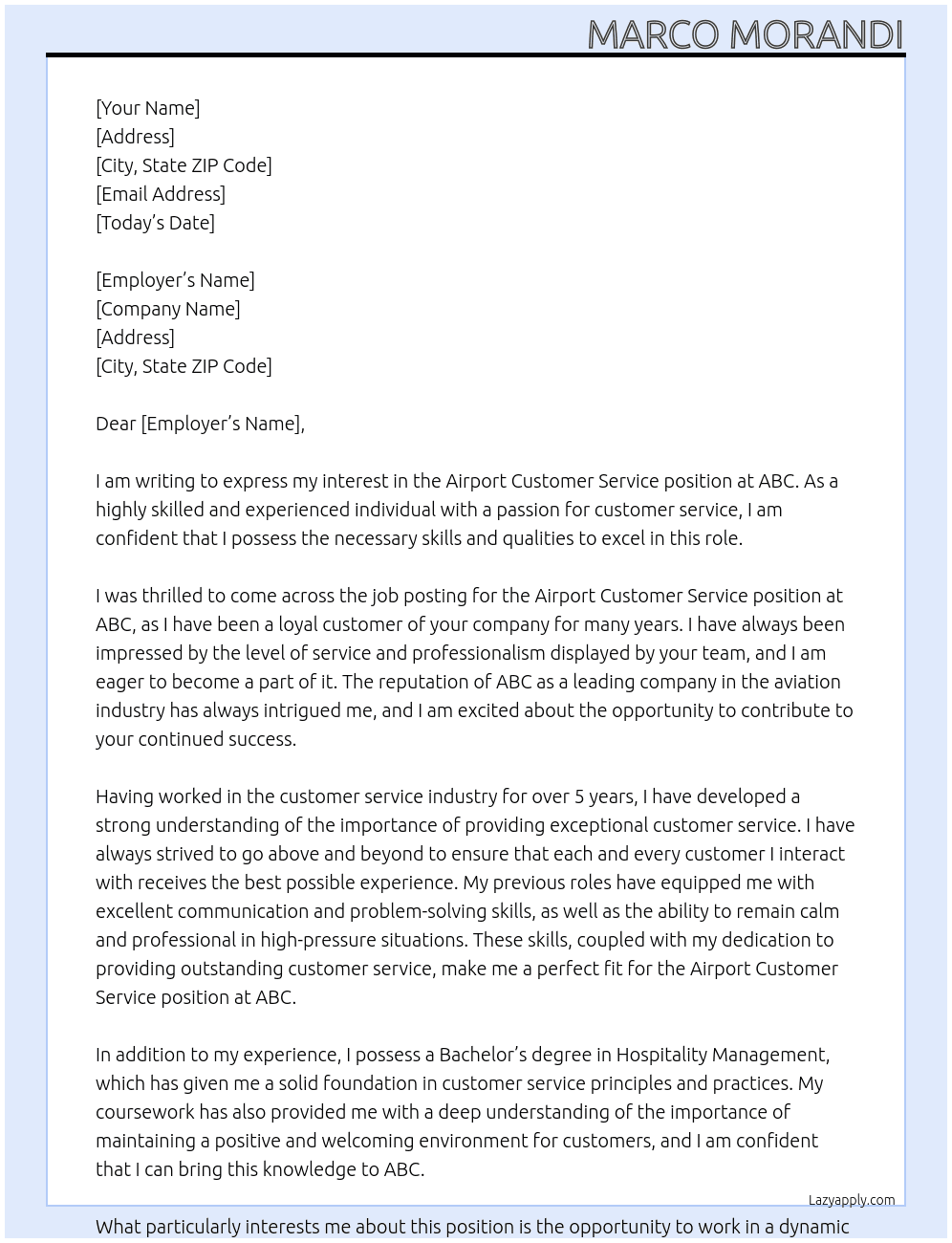 Airport customer service  At ABC  Cover Letter