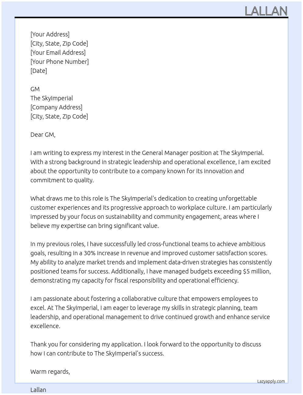 General Manager At The SkyImperial Cover Letter