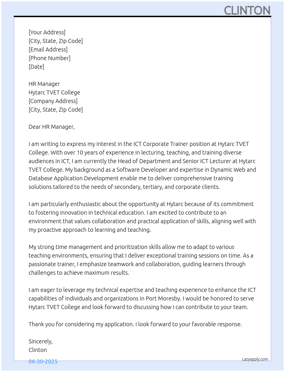 ICT CORPORATE TRAINER At Hytarc TVET college Cover Letter