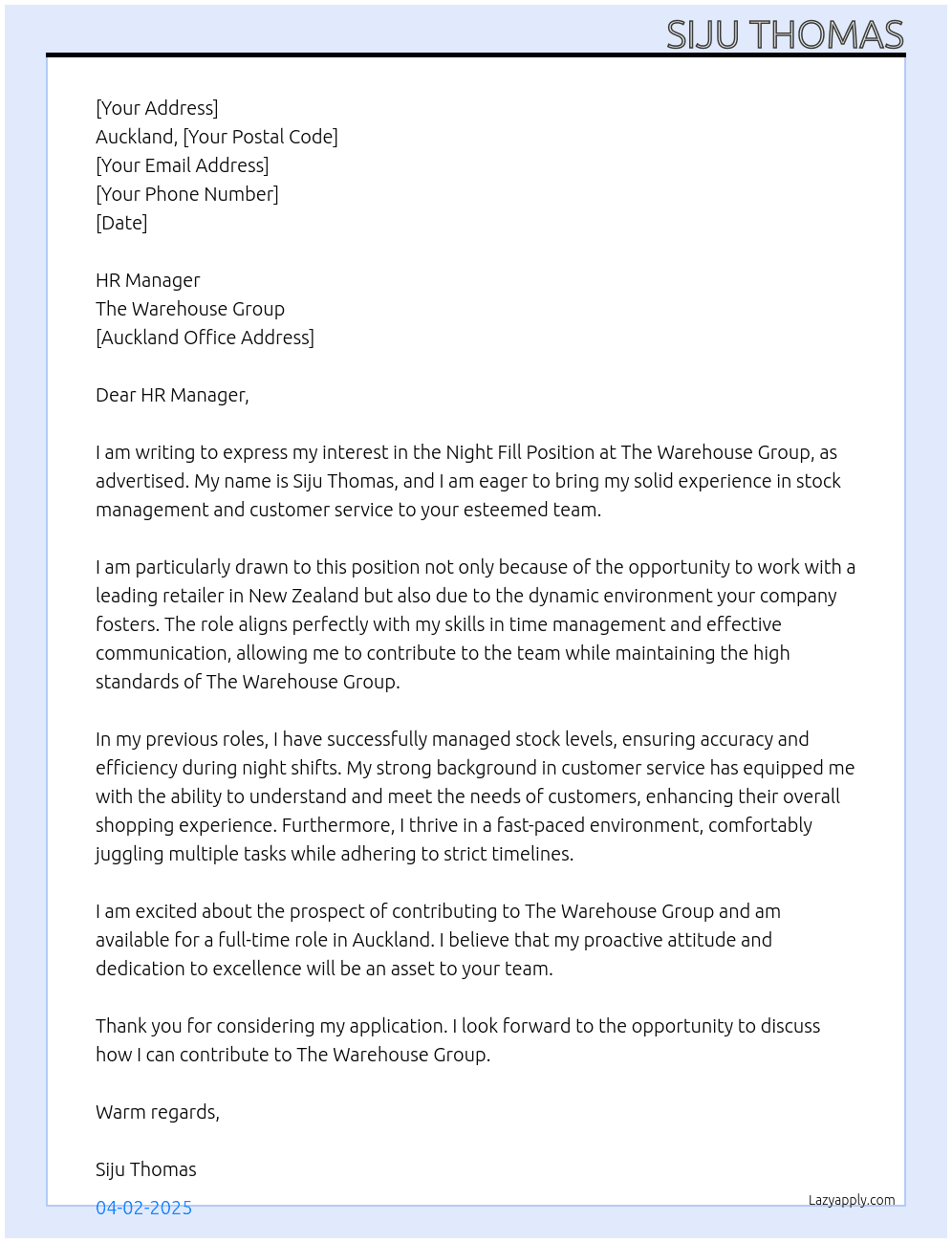Night fill Position At The warehouse group Cover Letter