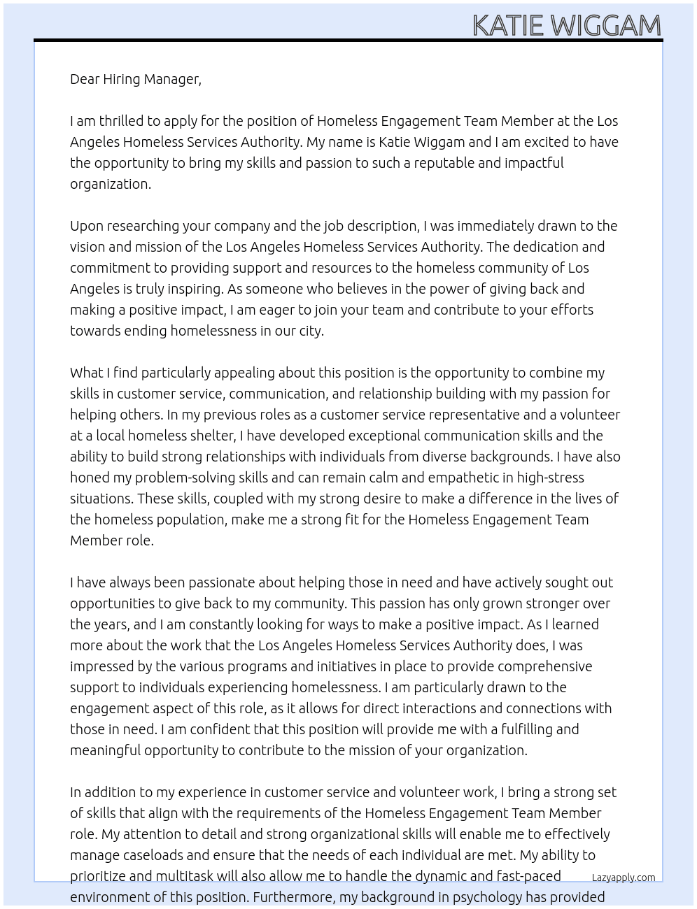 Homeless Engagement Team Member At Los Angeles Homeless Services Authority Cover Letter