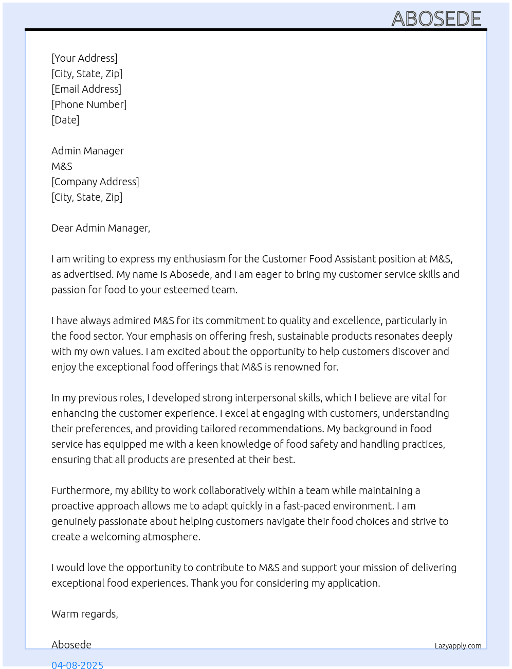 Cover letter for customer food assistant - LazyApply