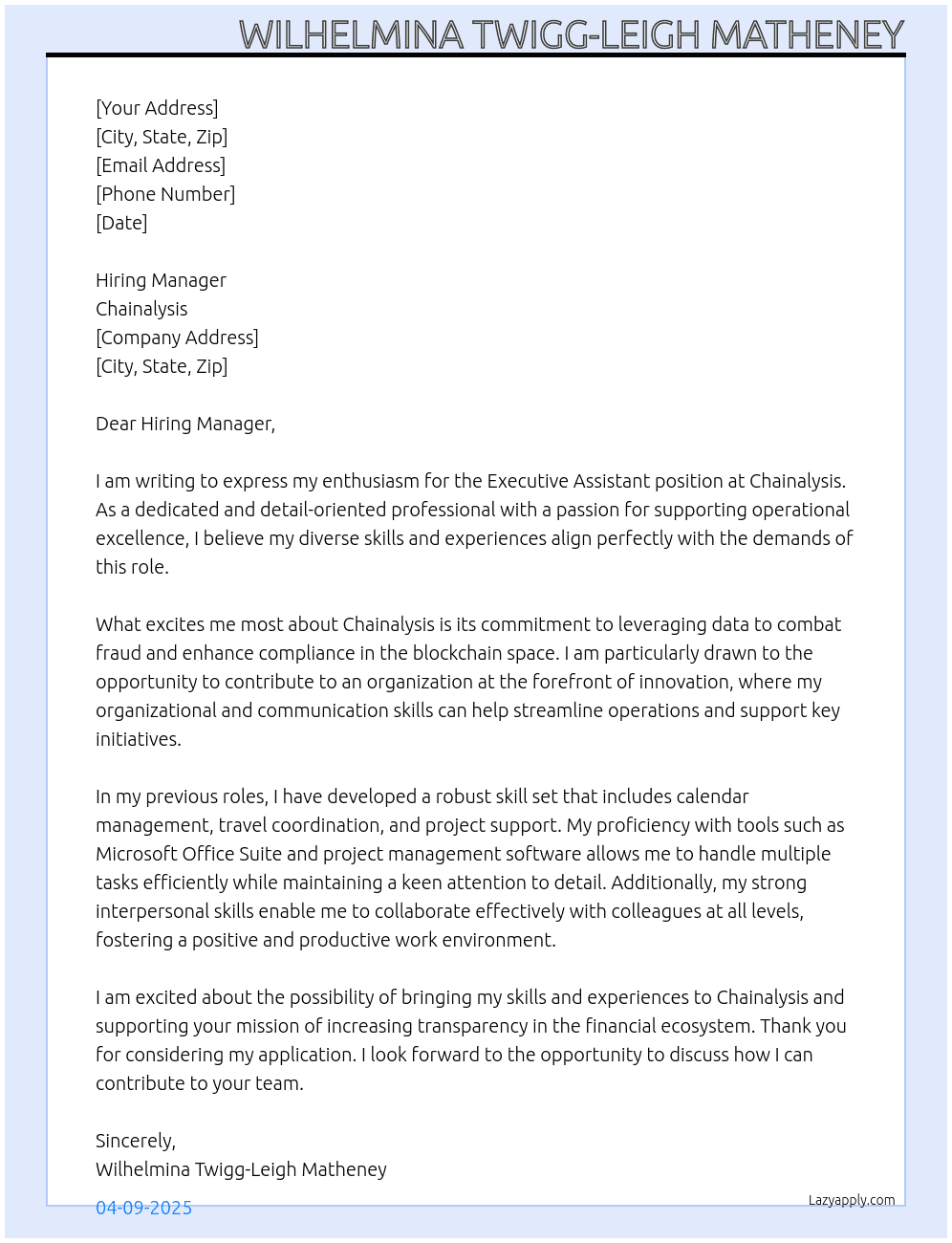 Executive Assistant At Chainalysis Cover Letter