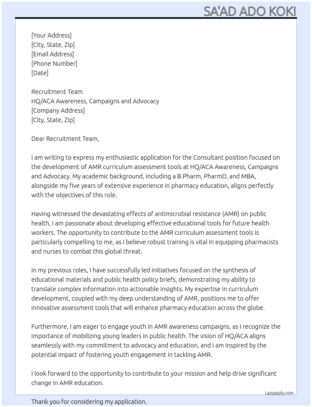 Cover letter for consultant - development of amr curriculum assessment tools - LazyApply