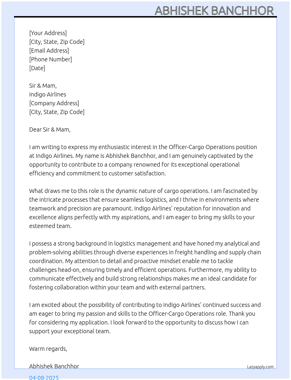 Cover letter for officer-cargo operations - LazyApply