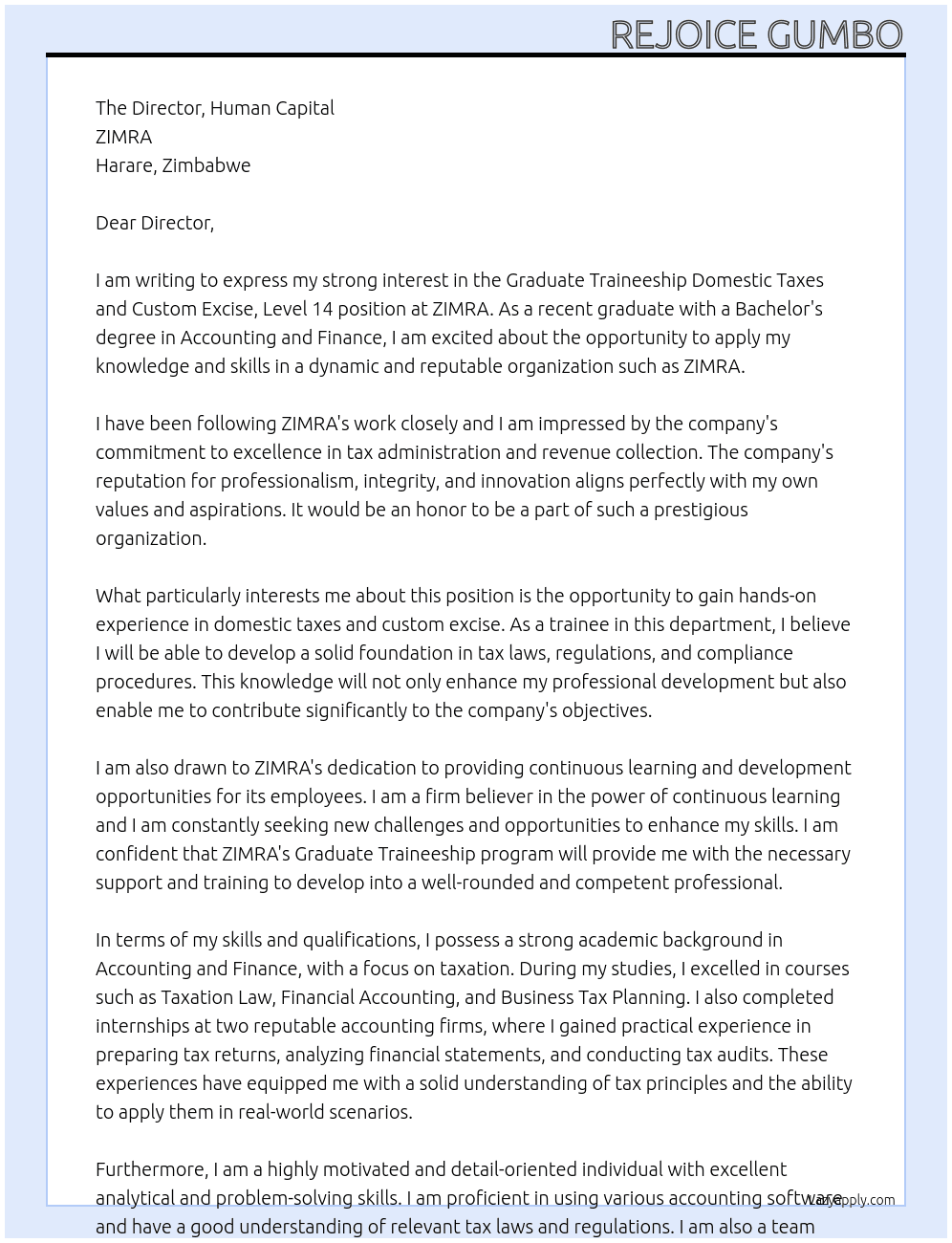 Cover letter for graduate traineeship domestic taxes and custom excise, level 14 - LazyApply