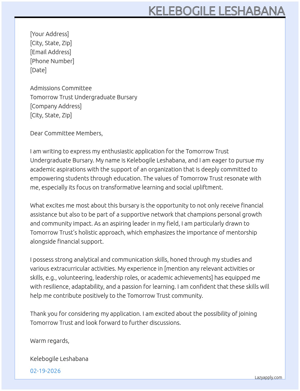 Cover letter for bursary application - LazyApply
