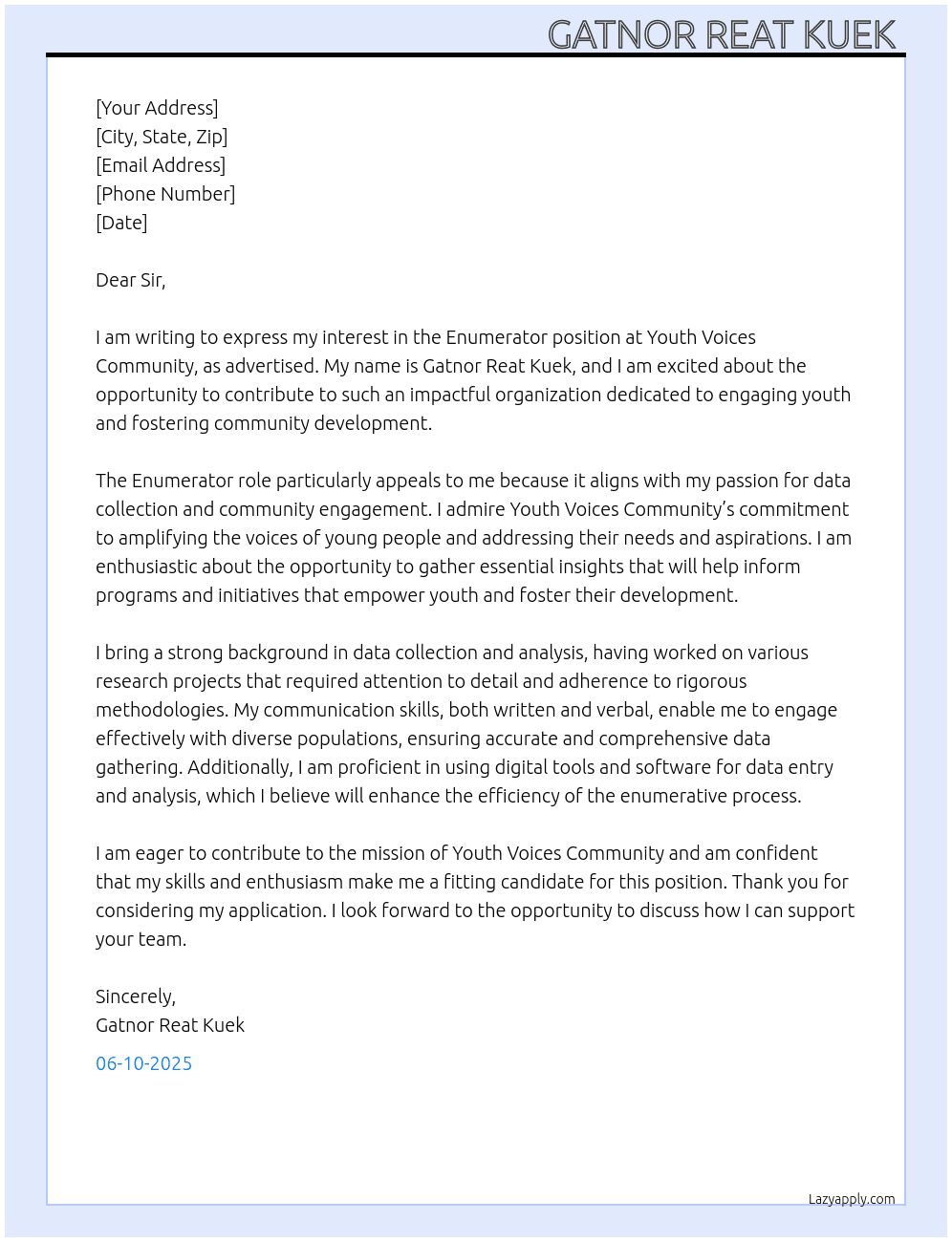 Enumerator  At Youth voices community  Cover Letter