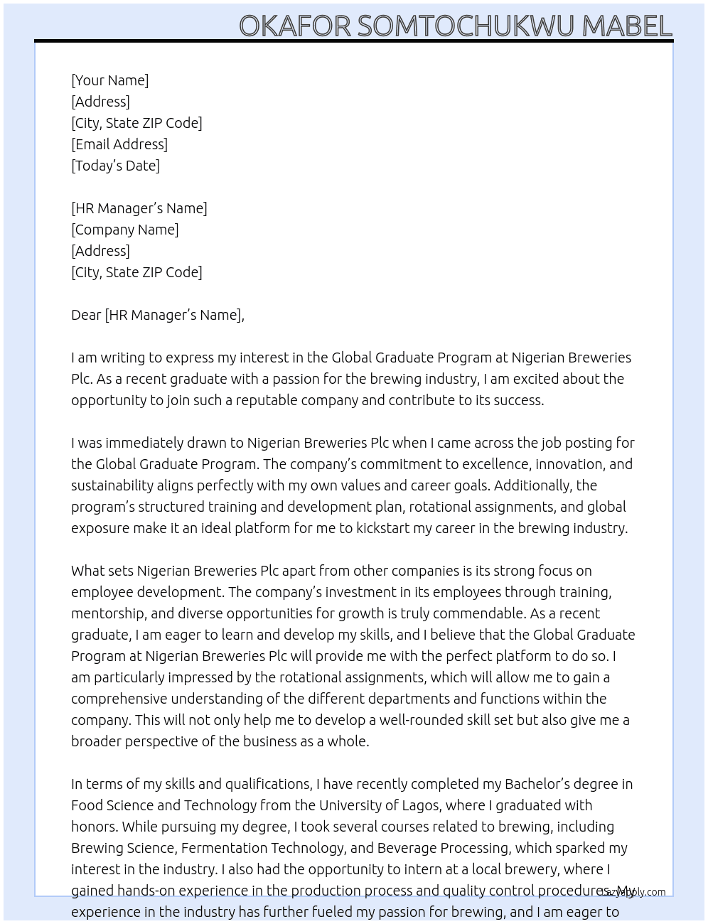 Cover letter for global graduate program - LazyApply