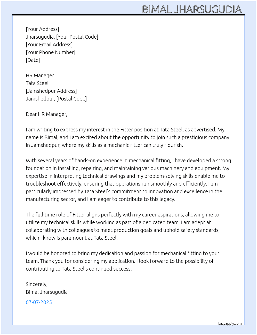 Fitter At Tata steel  Cover Letter