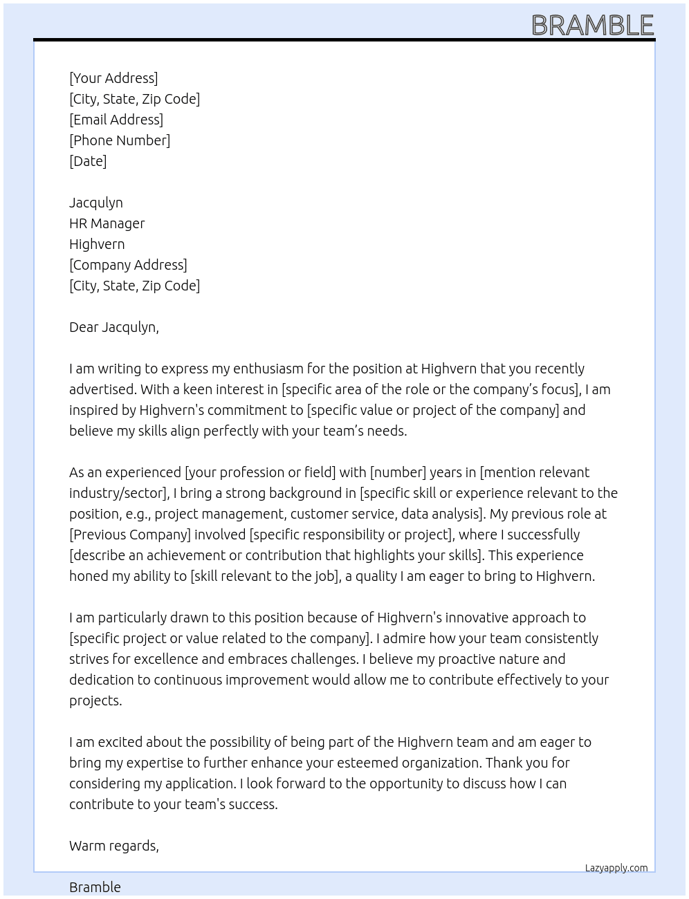 Jacqulyn At Highvern Cover Letter