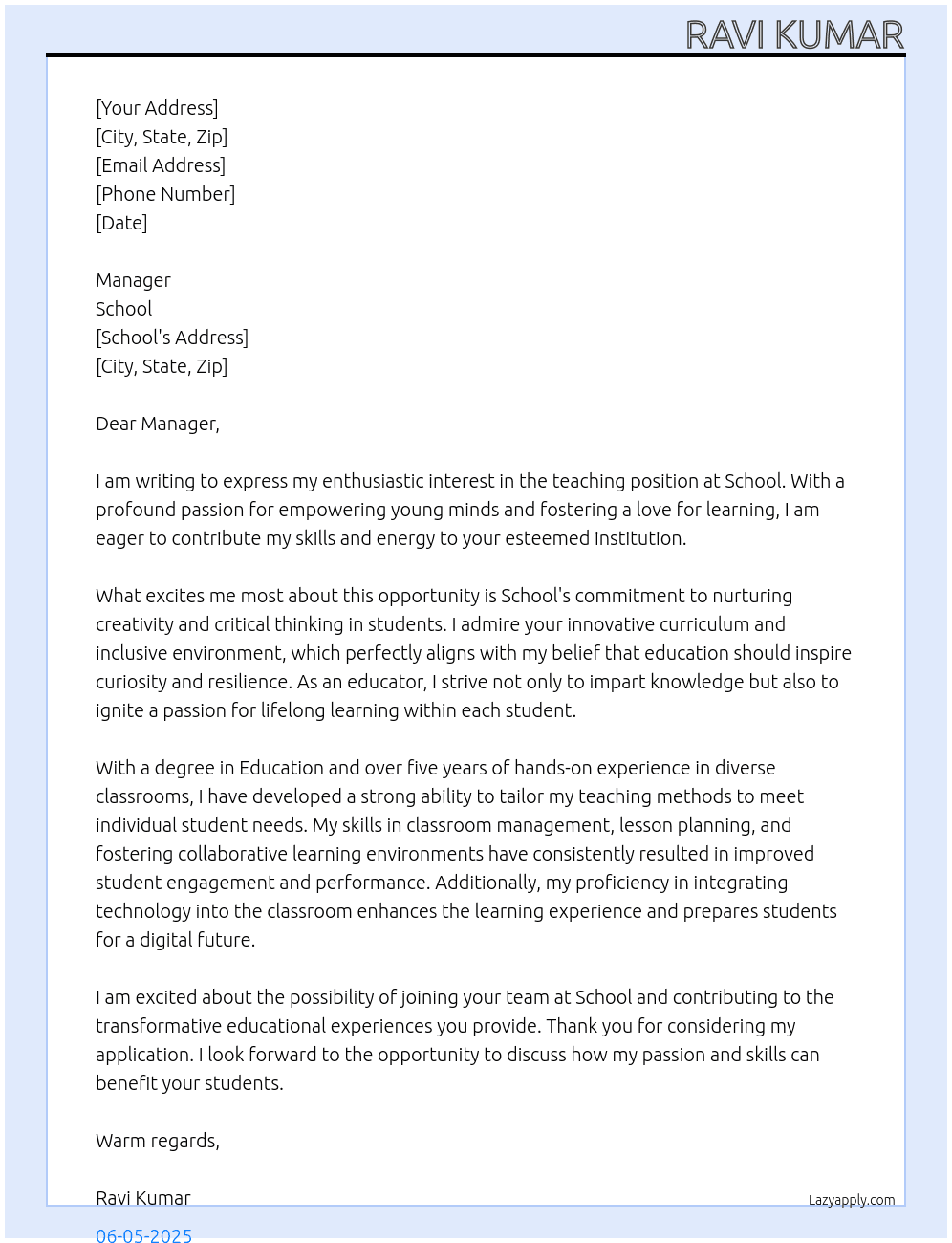 Teaching At School  Cover Letter