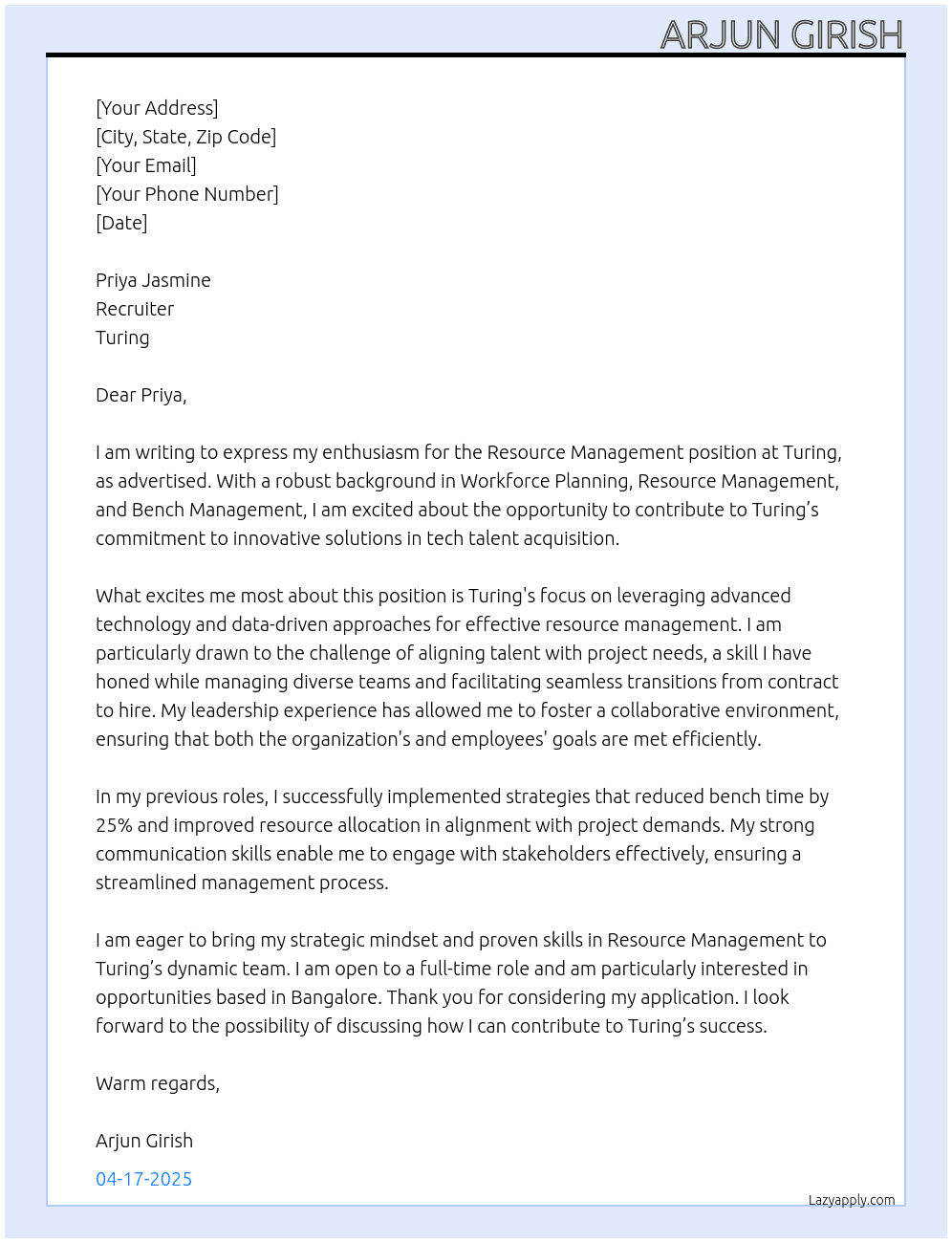 Resource Management At Turing Cover Letter