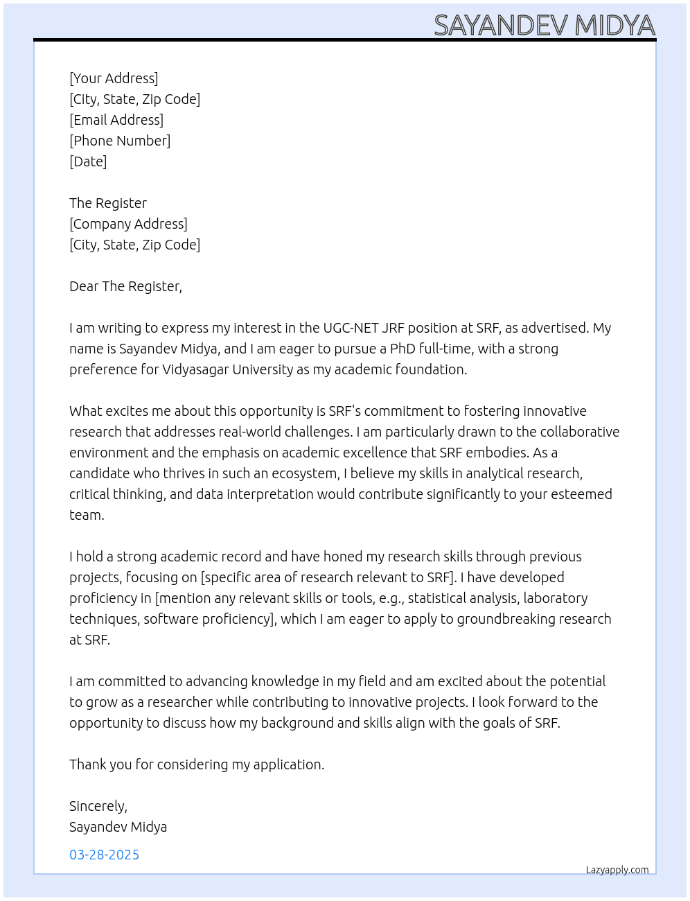 UGC-NET JRF At to SRF Cover Letter