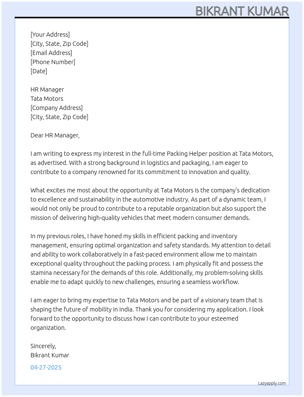 Cover letter for tata motors - LazyApply