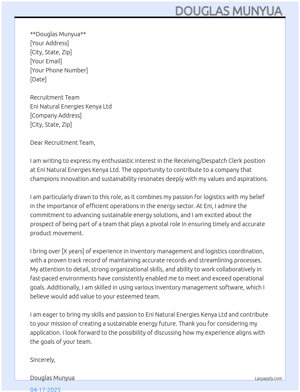 Receiving/Despatch Clerk  At Eni natural energies Kenya ltd Cover Letter