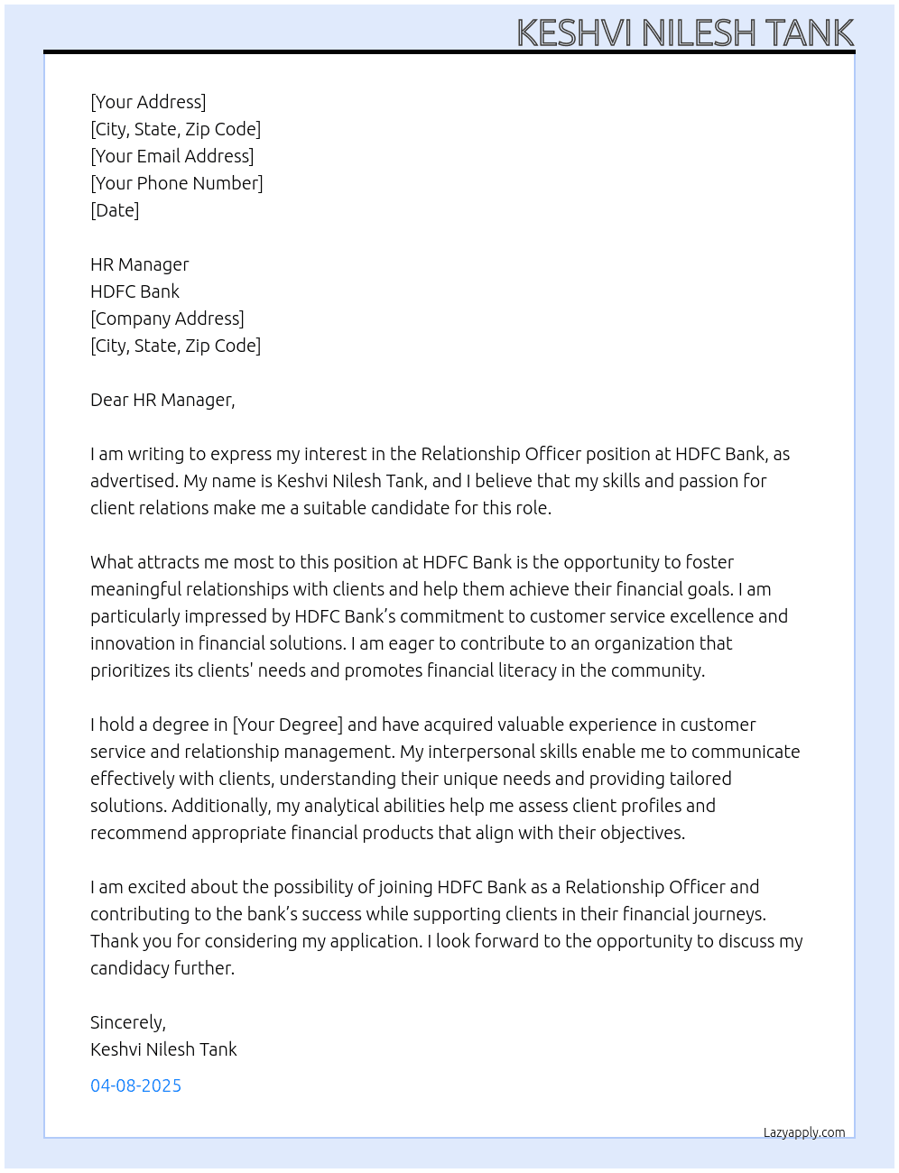 Relationship officer  At HDFC Bank  Cover Letter
