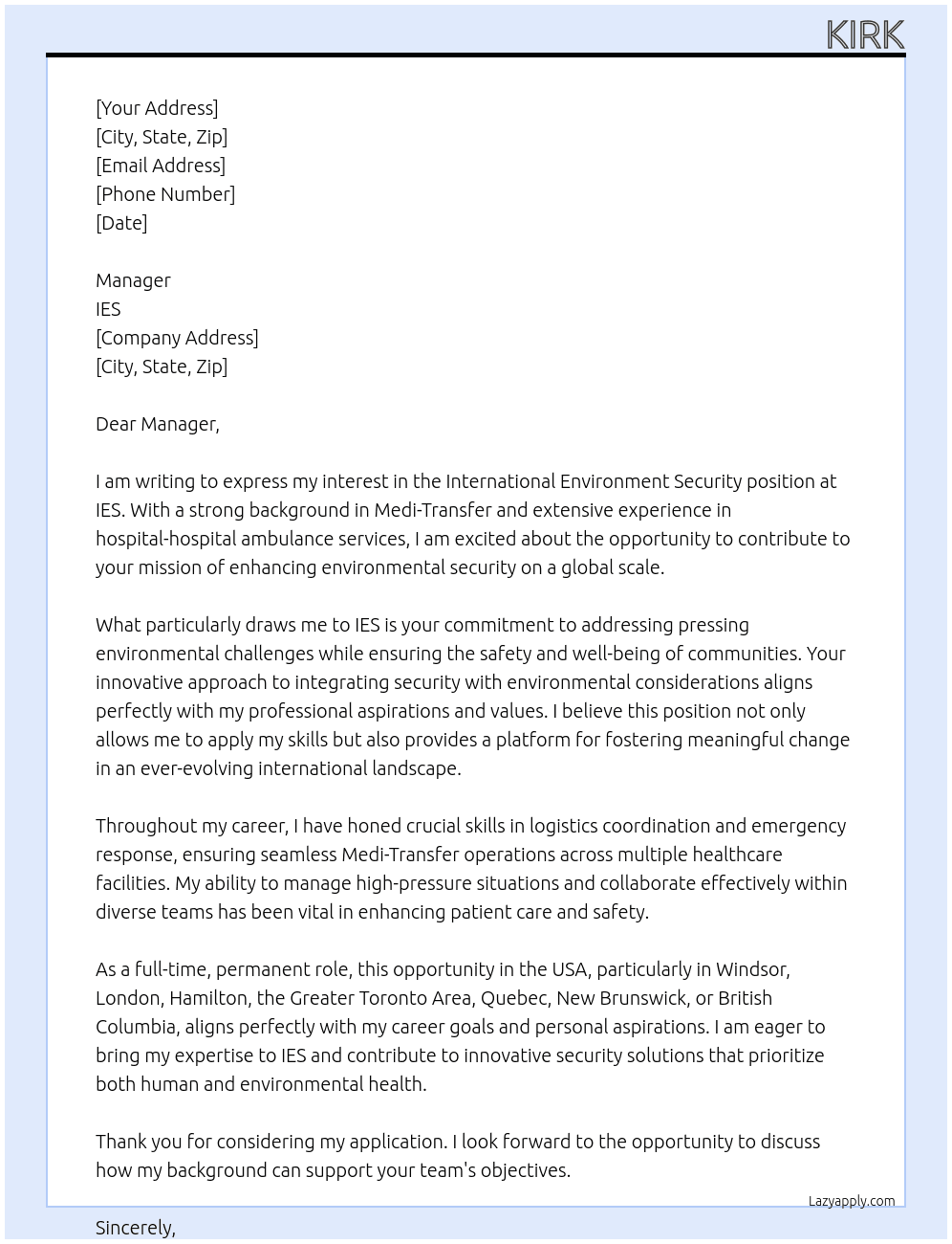 International environment security  At IES Cover Letter
