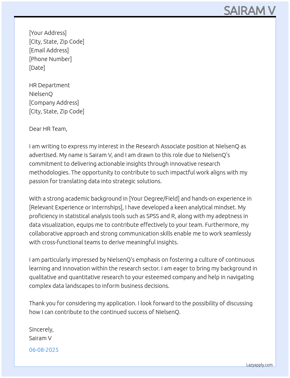 Research Associate  At NielsenQ Cover Letter