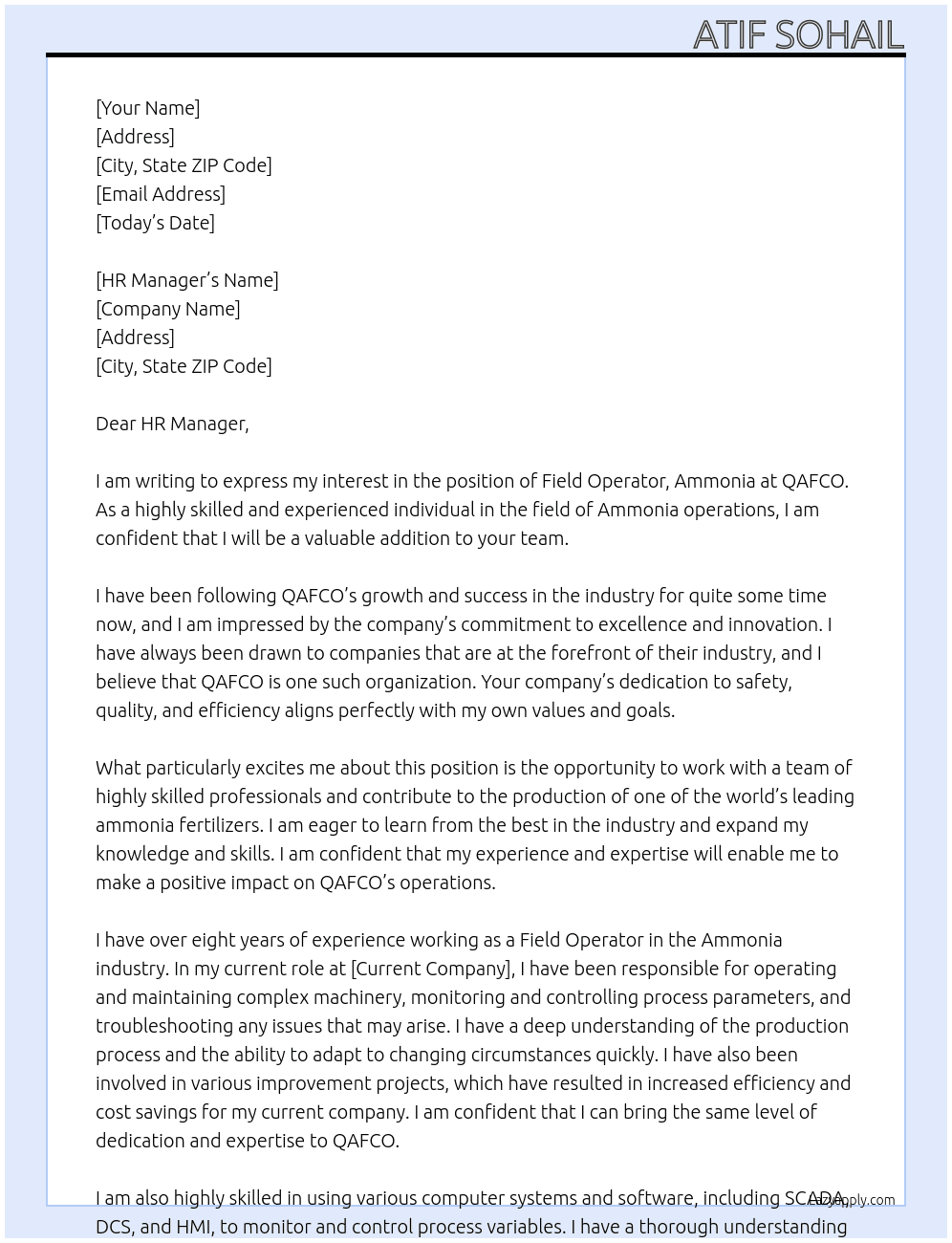 Field operator , Ammonia At QAFCO Cover Letter