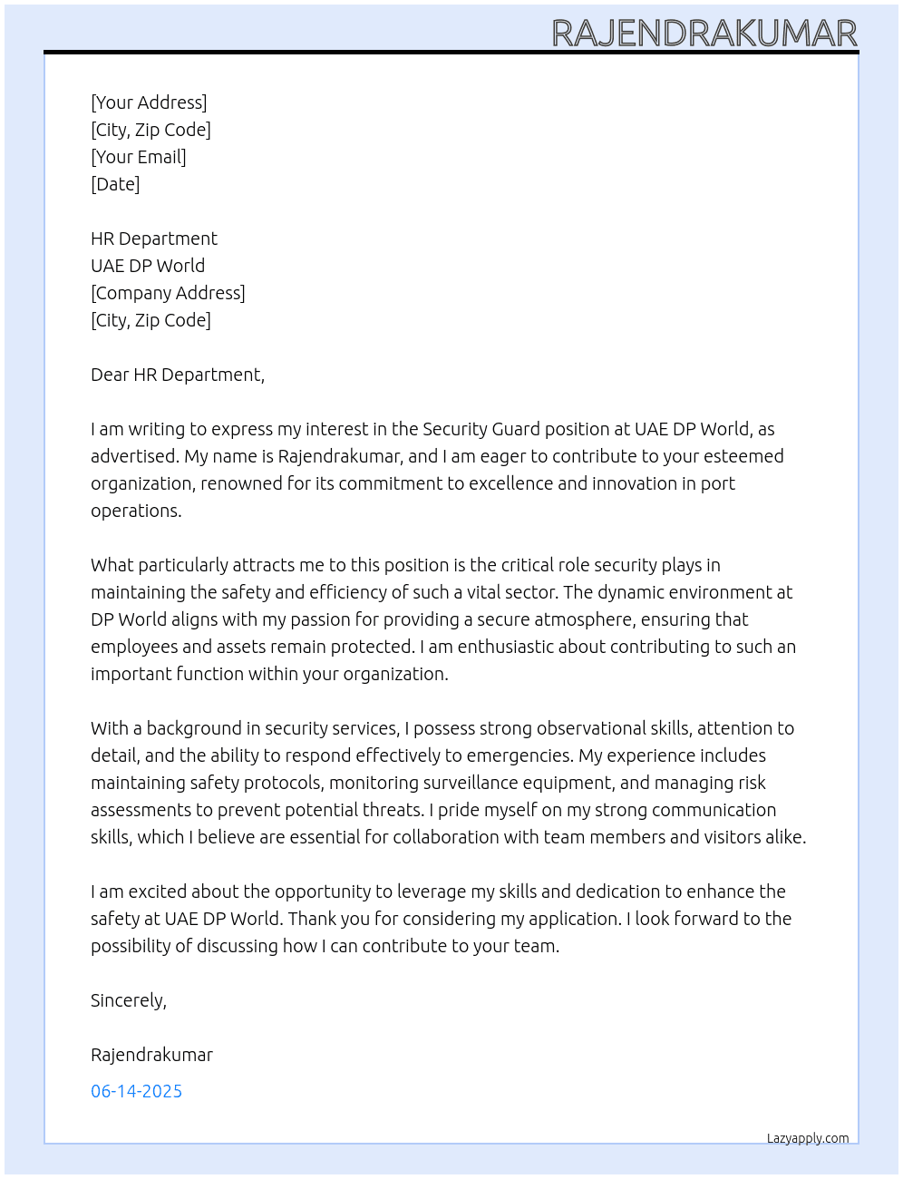 securuty guard At UAE DP WORLD Cover Letter