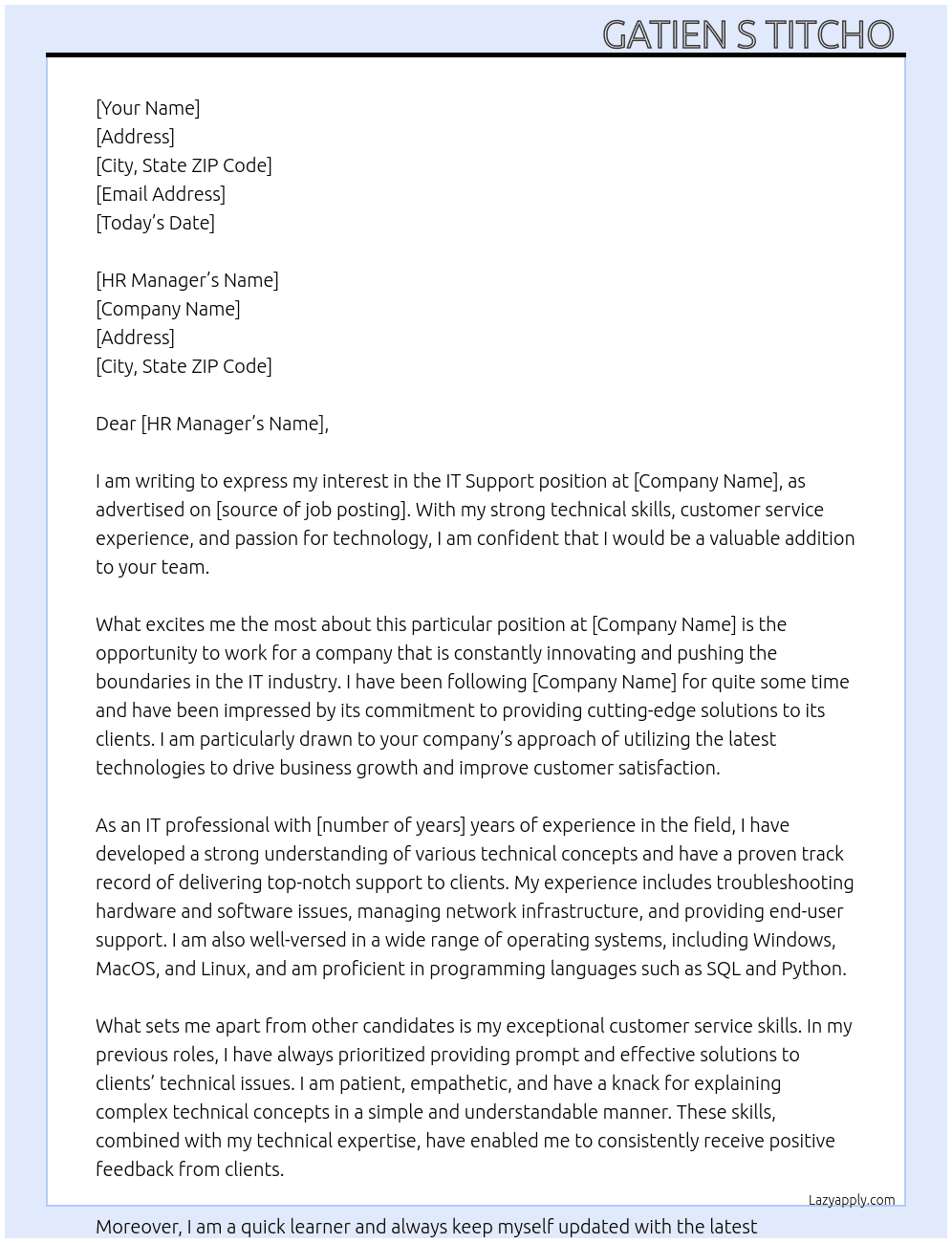 IT Support  At Company Cover Letter