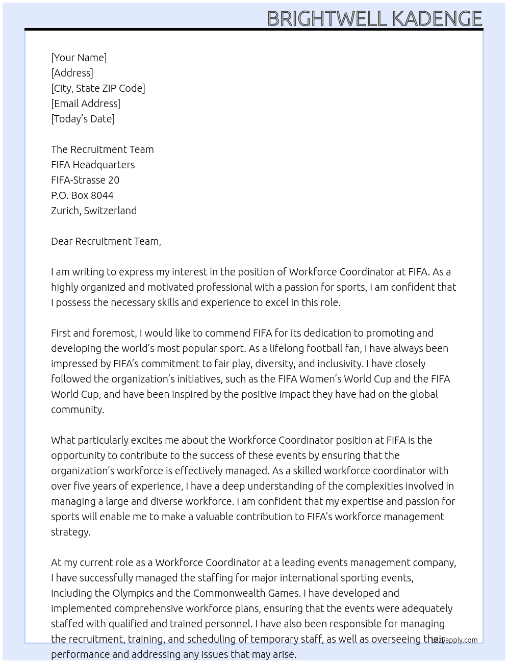 Workforce Coordinator At FIFA Cover Letter