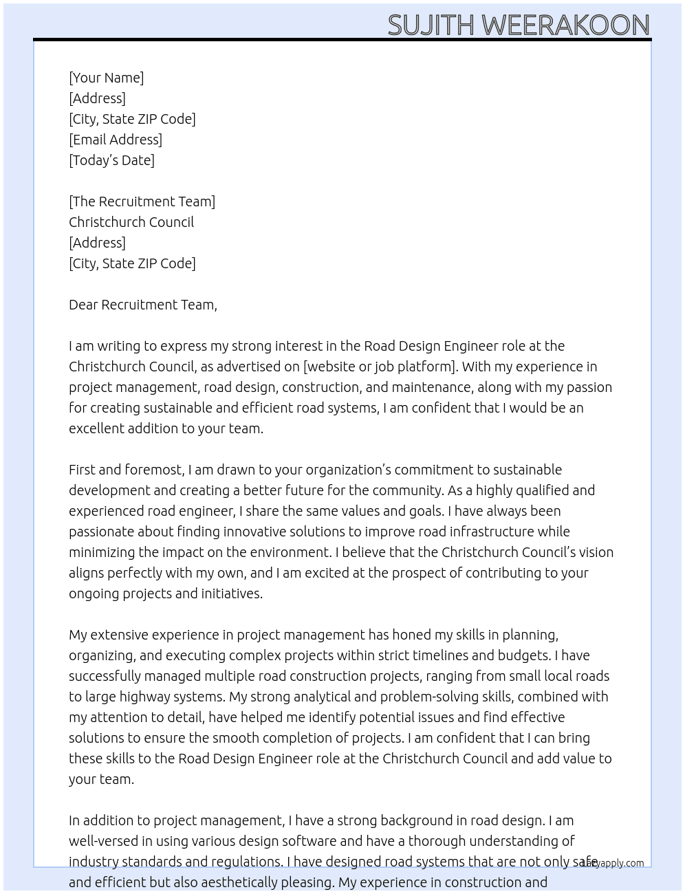 road engineer At Christchurch Council Cover Letter