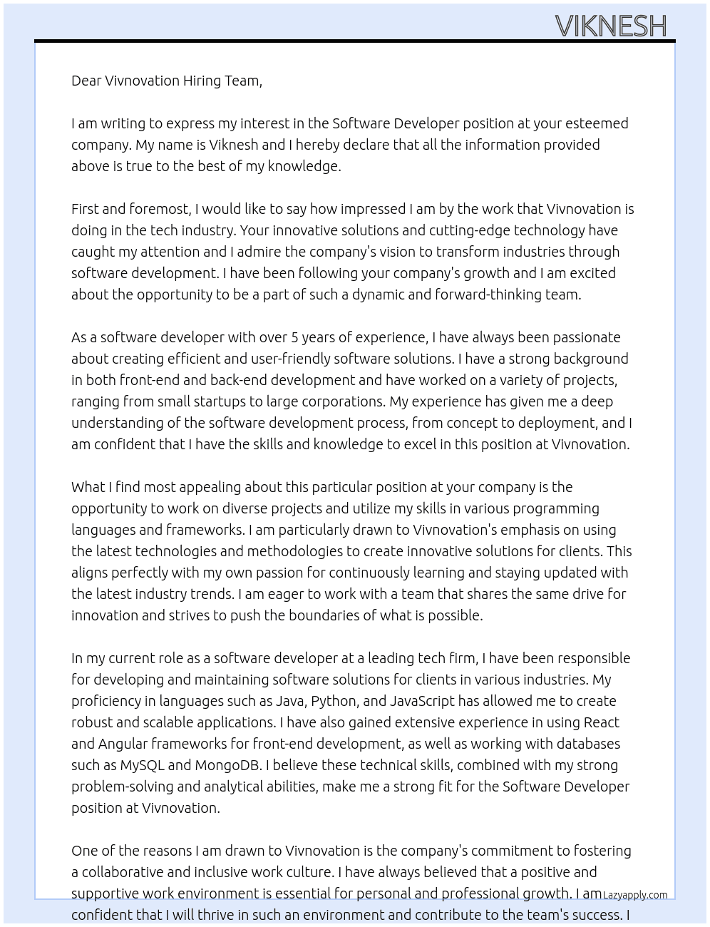 Software developer  At Vivnovation Cover Letter