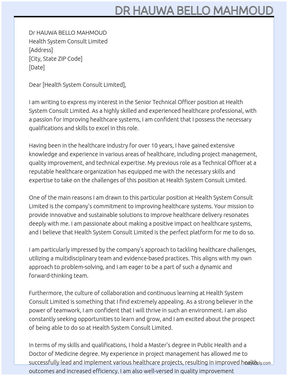 Senior technical officer  At Health system consult limited Cover Letter