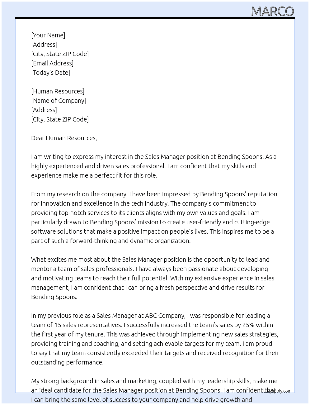 Sales manager At Bending spoons Cover Letter
