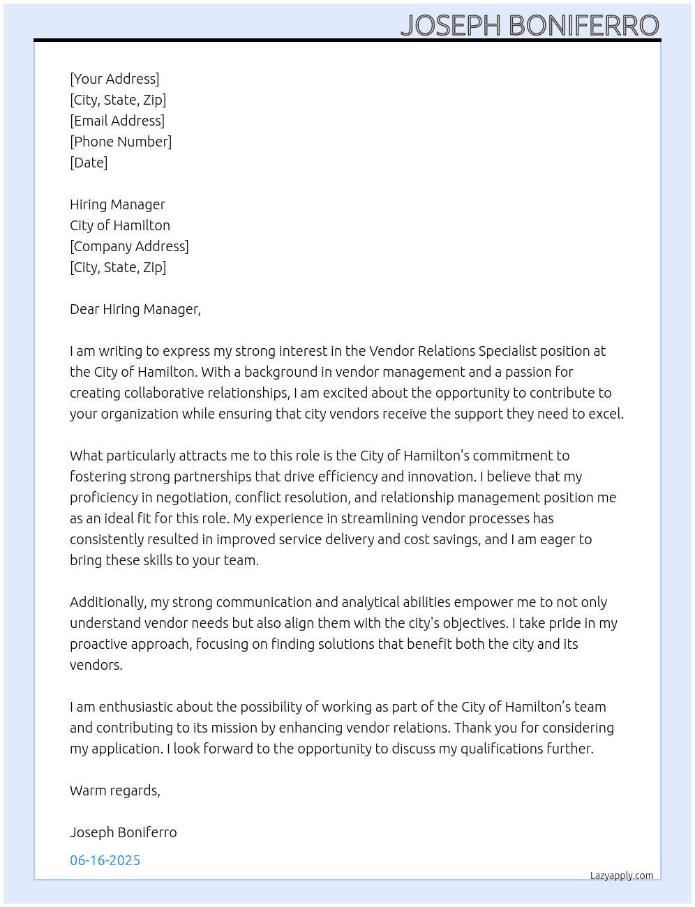 Vendor Relations Specialist At City Of Hamilton Cover Letter