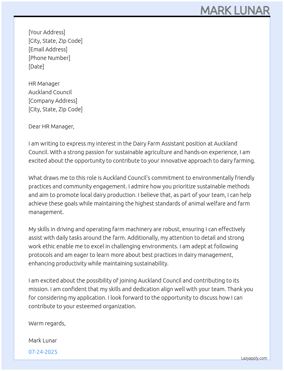 Dairy Farm Assistant At Auckland Council Cover Letter