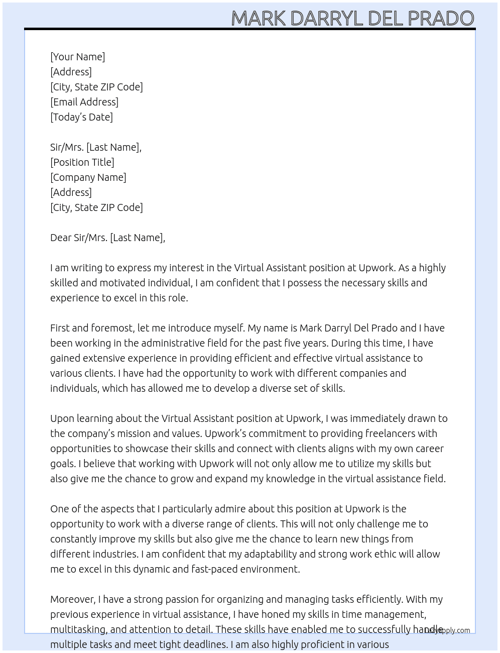 Virtual Assistant At Upwork Cover Letter