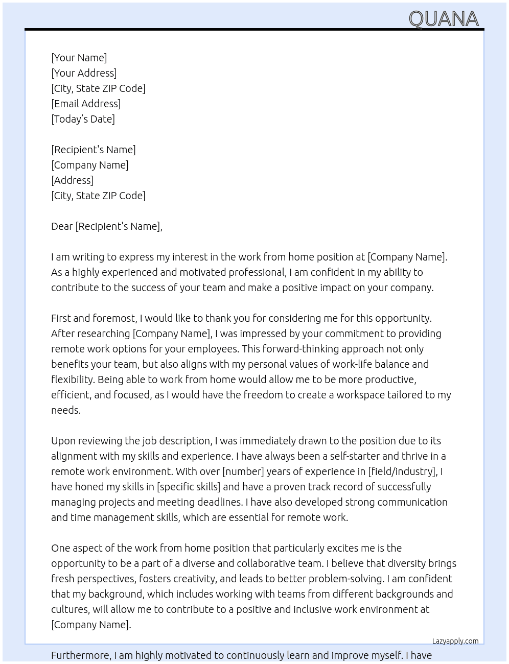 work from home  At work from home  Cover Letter