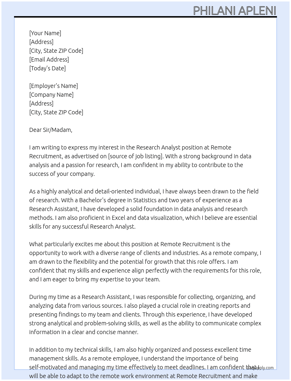 Research Analyst At  Remote Recruitment Cover Letter