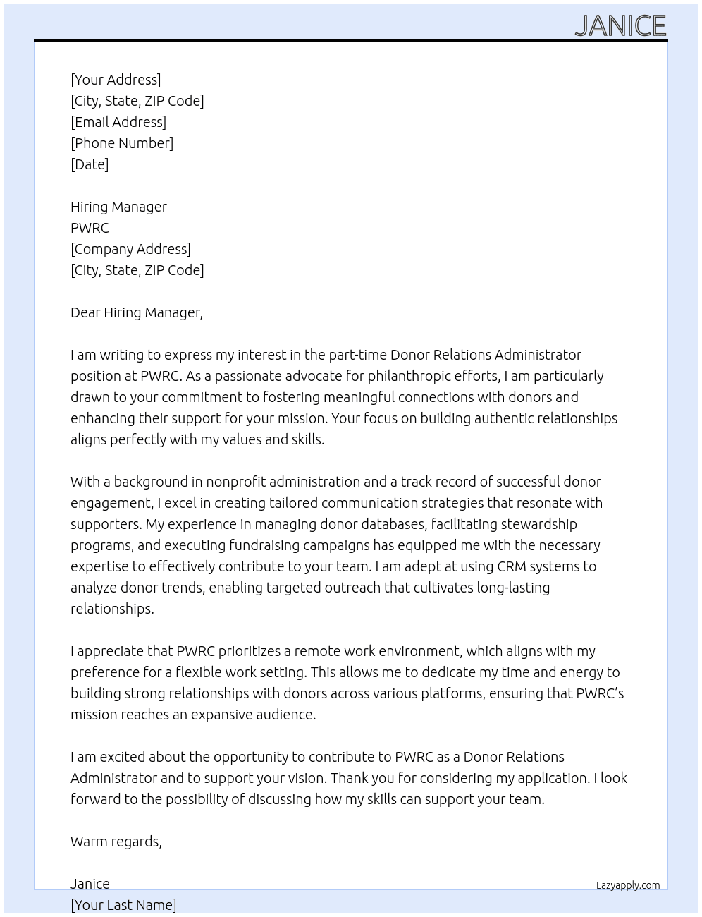 Donor Relations Administrator At PWRC Cover Letter