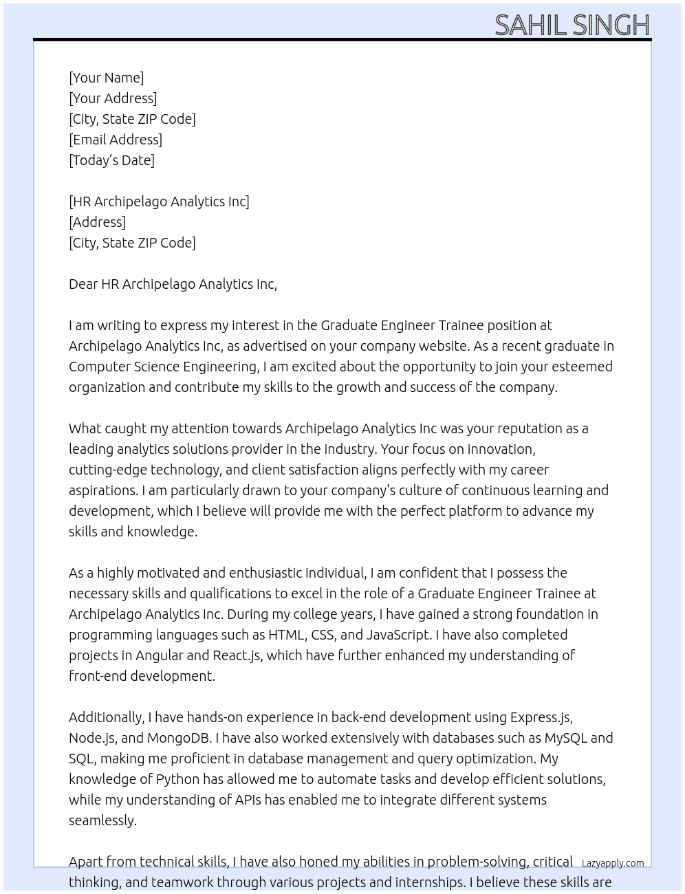 Graduate engineer trainee At Archipelago Analytics Inc Cover Letter