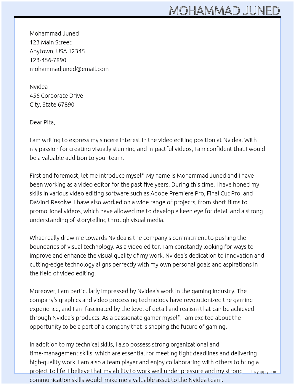 Video editing At Nvidea Cover Letter