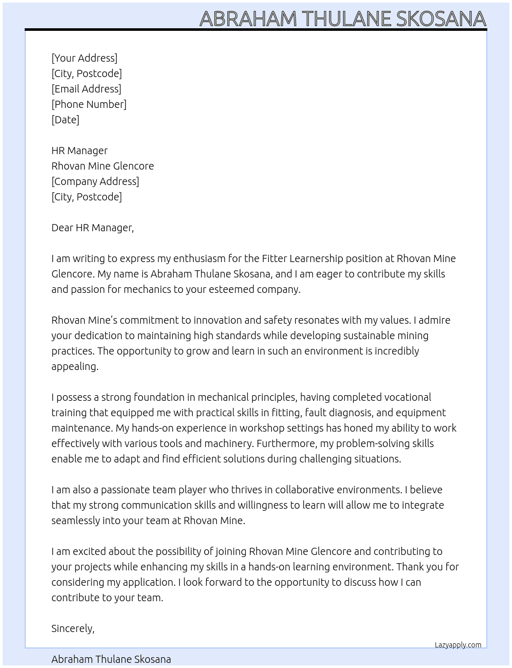Fitter leanership  At Rhovan mine Glencore  Cover Letter