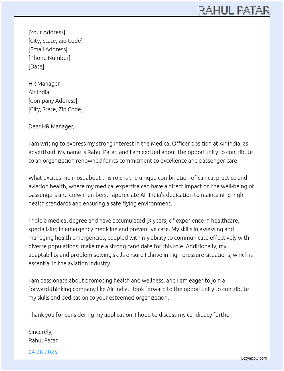 Medical Officer  At Air india  Cover Letter
