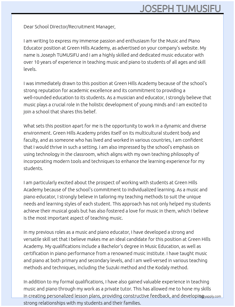 Music andPiano educator At Green hills academy  Cover Letter
