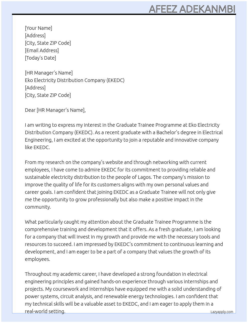 Graduate Trainee Programme At Eko Electricity Distribution Company (EKEDC) Cover Letter