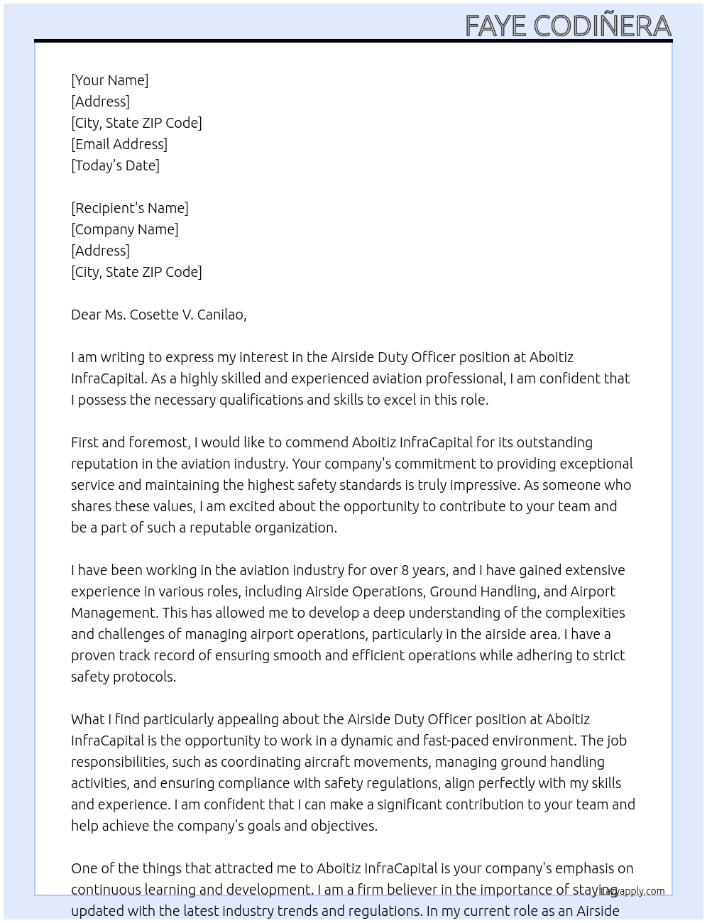 Airside Duty Officer At Aboitiz InfraCapital Cover Letter