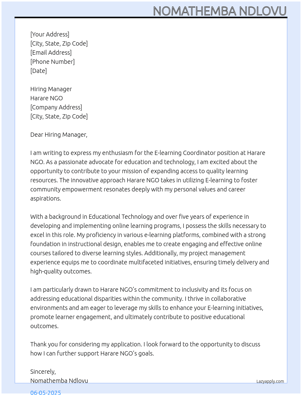 E-learning Coordinator At Harare NGO Cover Letter