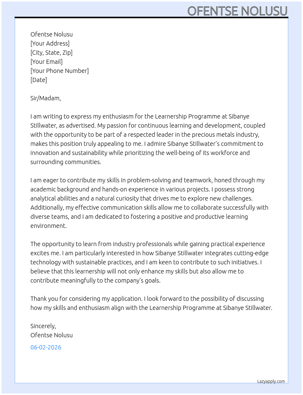 Cover letter for learnership programme - LazyApply