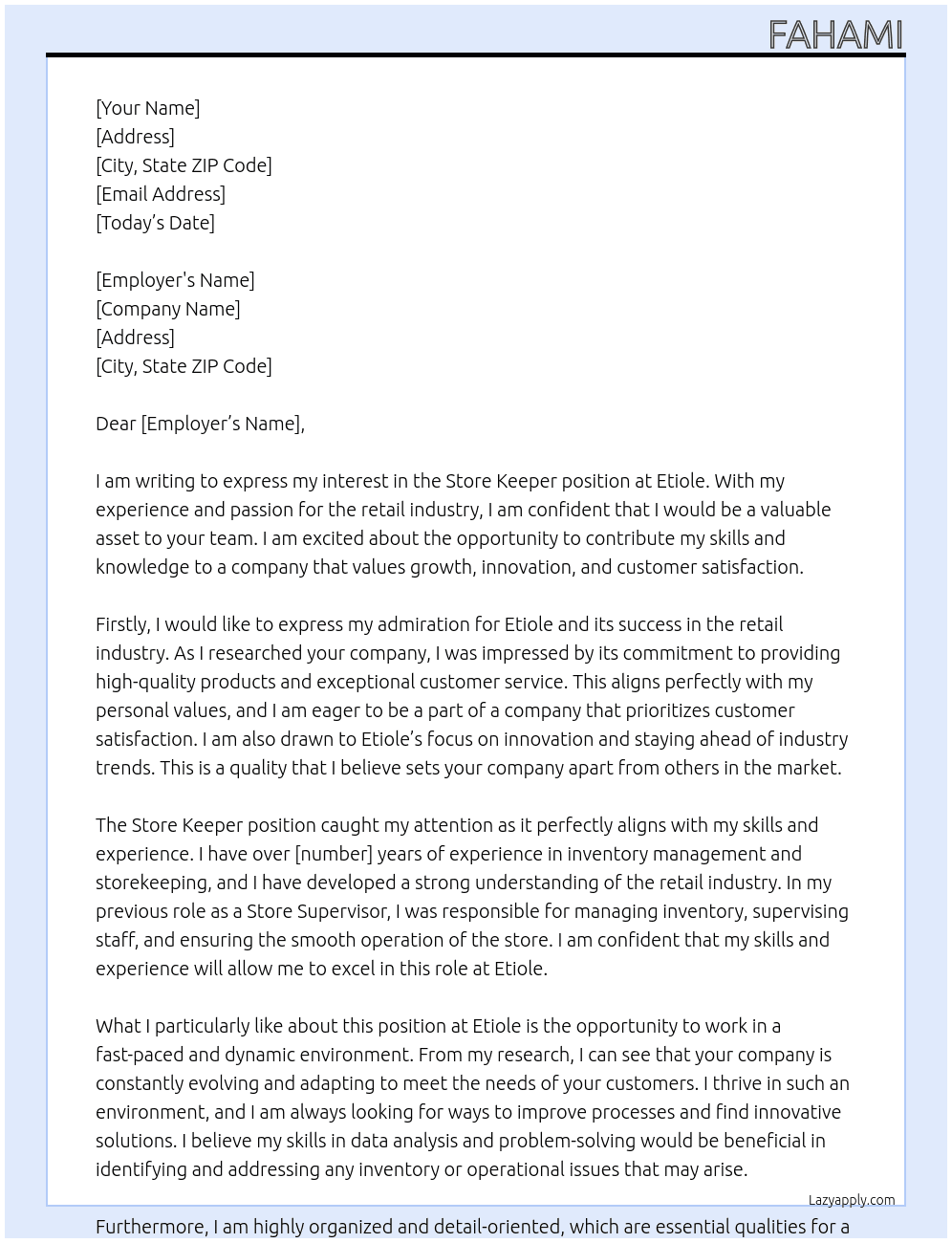Store keeper At Etiole Cover Letter