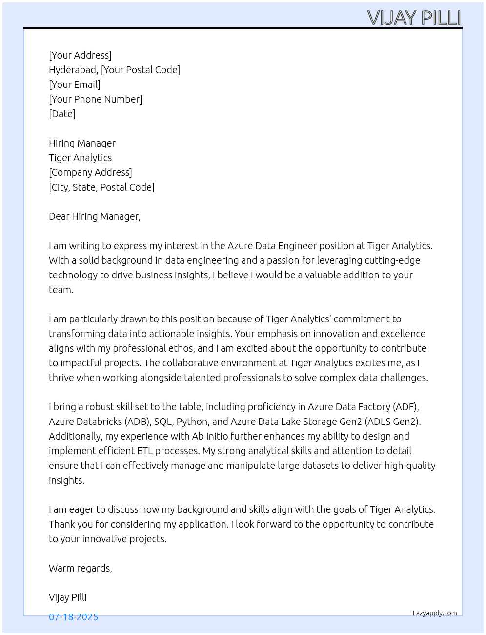 Azure Data Engineer At Tiger Analytics Cover Letter
