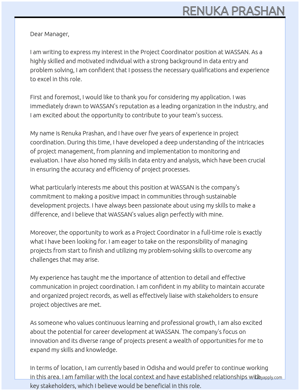 Project Coordinator At WASSAN Cover Letter