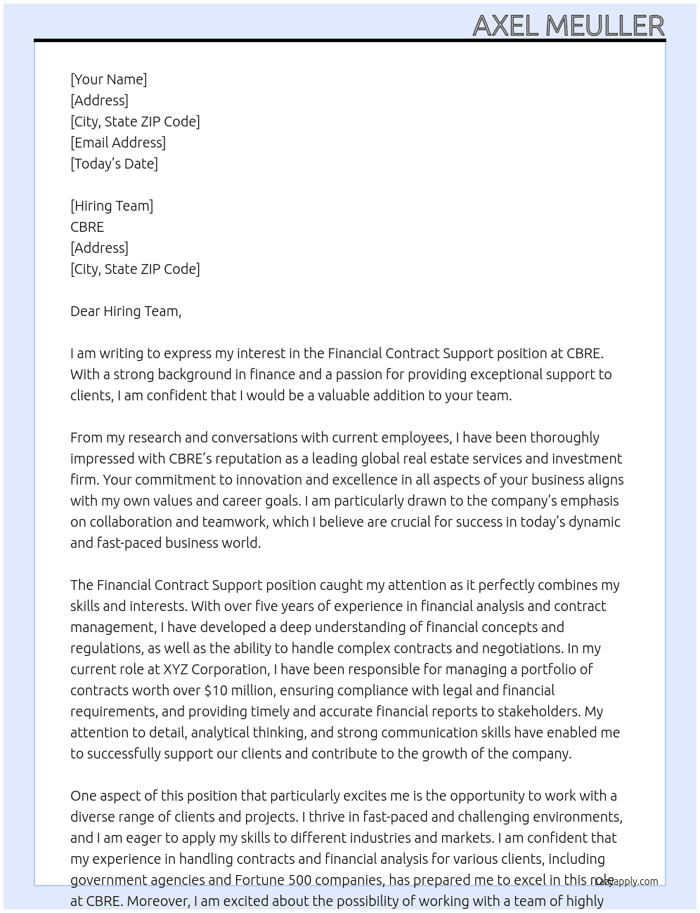 Financial Contract Supprt At CBRE Cover Letter